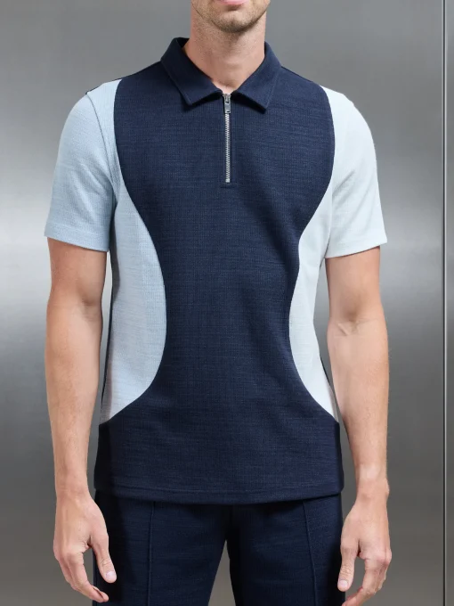 Cavour Colour Block Zip Polo Shirt - Navy