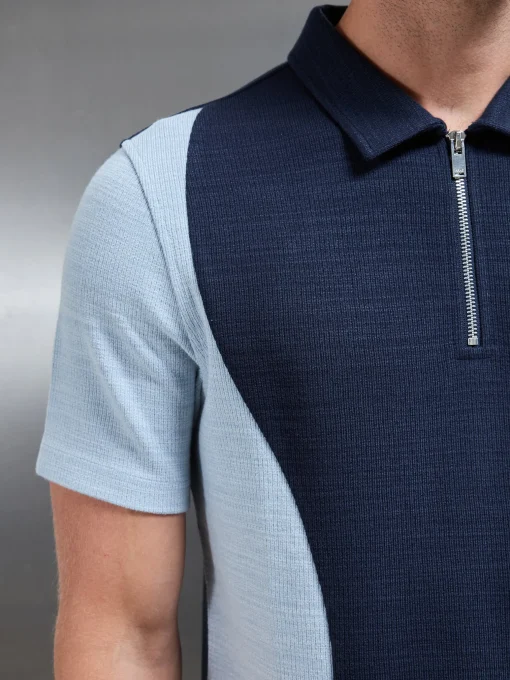 Cavour Colour Block Zip Polo Shirt - Navy