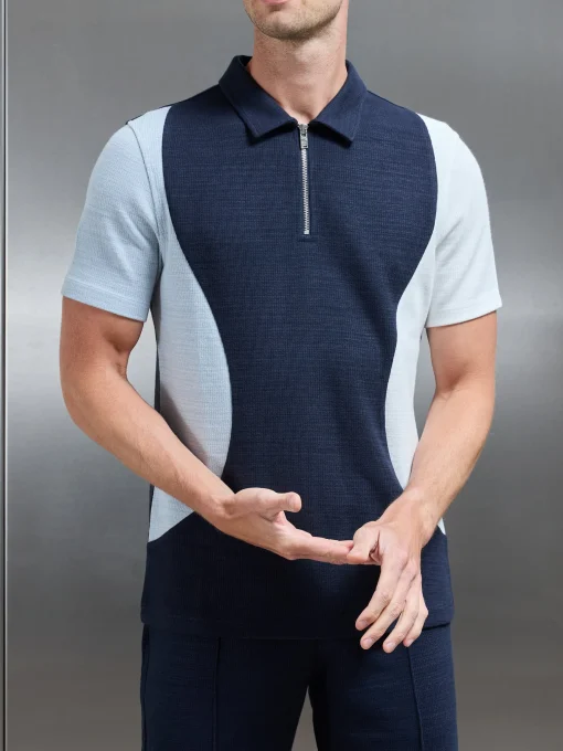 Cavour Colour Block Zip Polo Shirt - Navy