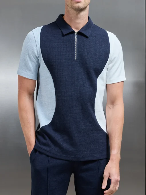 Cavour Colour Block Zip Polo Shirt - Navy