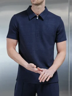 Cavour Textured Zip Polo Shirt - Navy