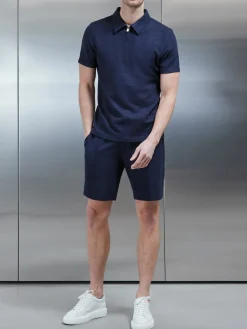Cavour Textured Zip Polo Shirt - Navy