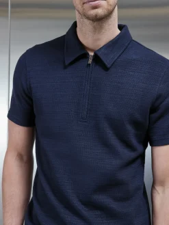Cavour Textured Zip Polo Shirt - Navy