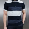 Colour Block Knitted Zip Polo Shirt - Navy