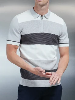 Colour Block Knitted Zip Polo Shirt - Grey