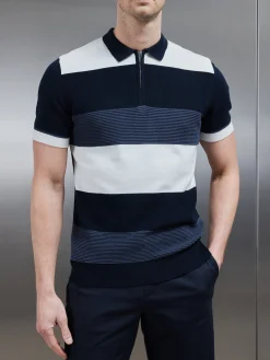Colour Block Knitted Zip Polo Shirt - Navy