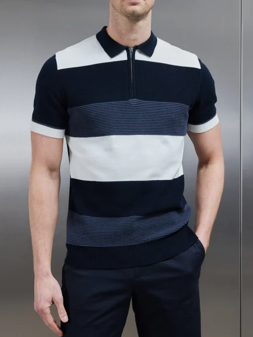 Colour Block Knitted Zip Polo Shirt - Navy