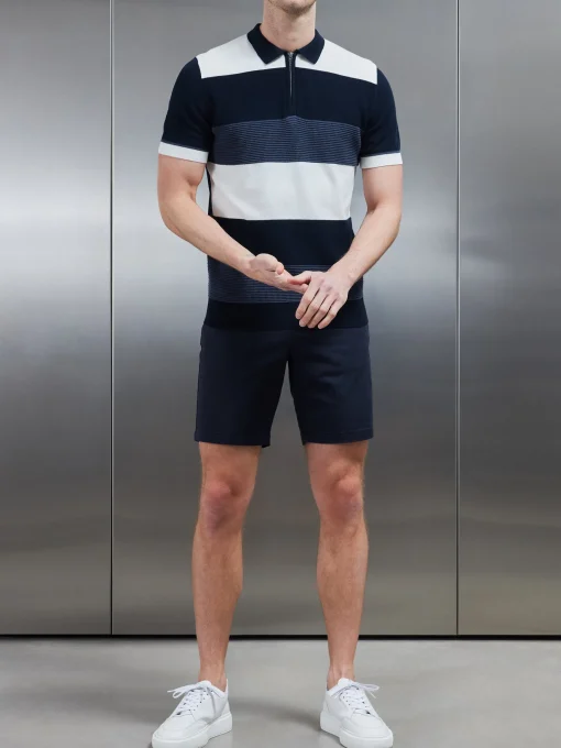 Colour Block Knitted Zip Polo Shirt - Navy