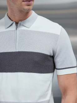 Colour Block Knitted Zip Polo Shirt - Grey