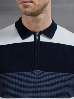 Colour Block Knitted Zip Polo Shirt - Navy