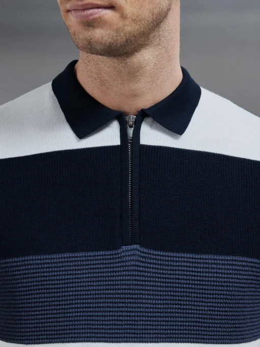 Colour Block Knitted Zip Polo Shirt - Navy