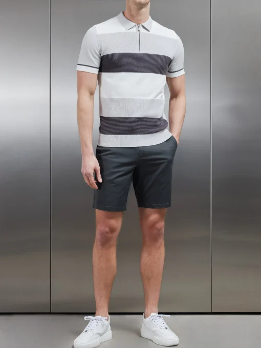 Colour Block Knitted Zip Polo Shirt - Grey