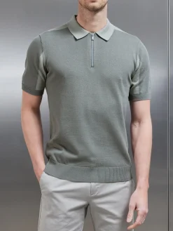 Colour Block Zip Polo Shirt - Sage