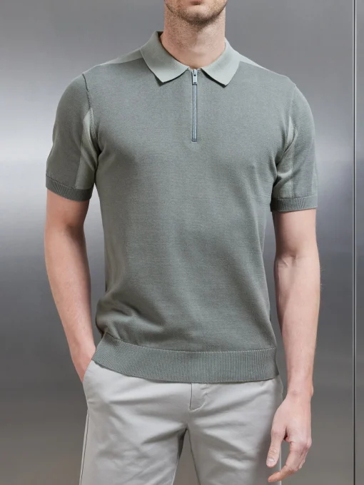 Colour Block Zip Polo Shirt - Sage