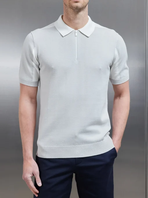 Colour Block Zip Polo Shirt - Mid Grey