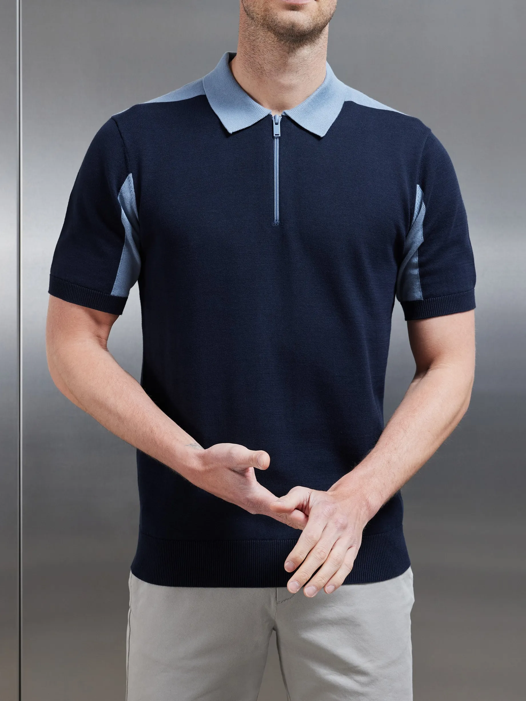 Colour Block Zip Polo Shirt - Navy
