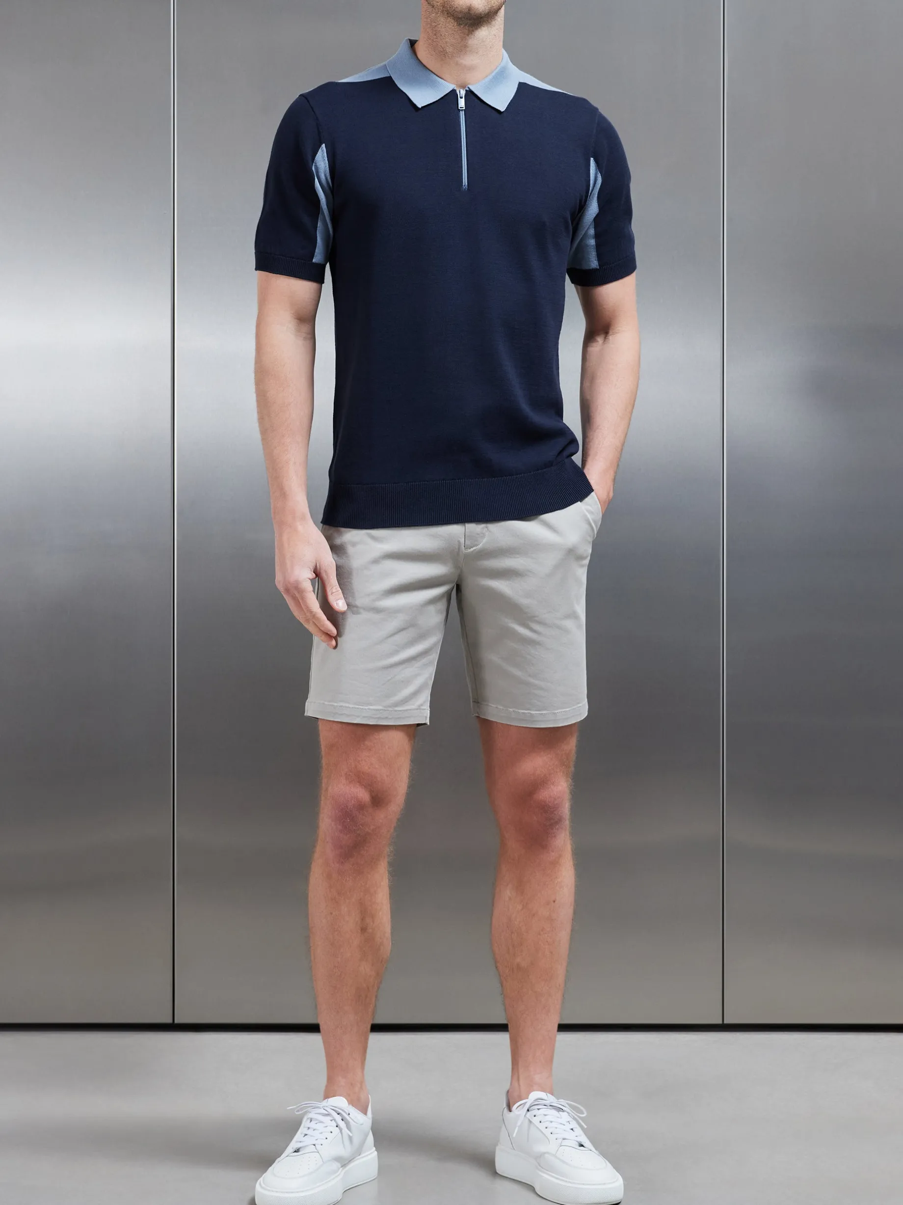 Colour Block Zip Polo Shirt - Navy