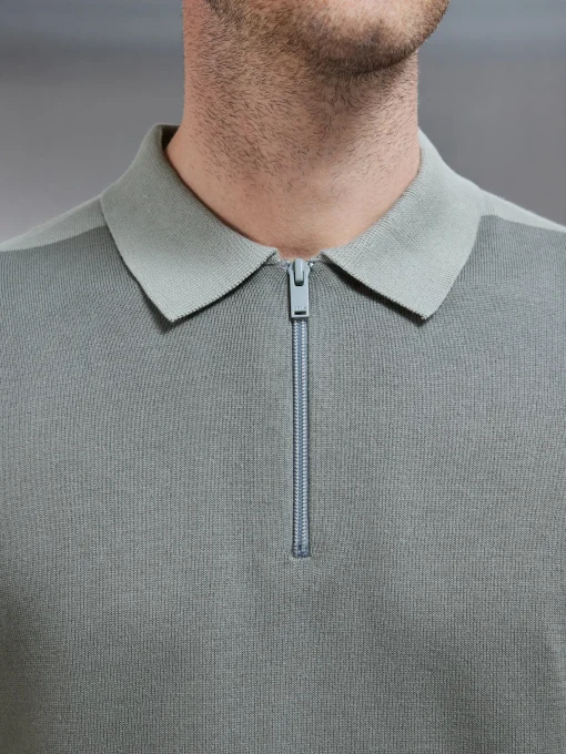Colour Block Zip Polo Shirt - Sage