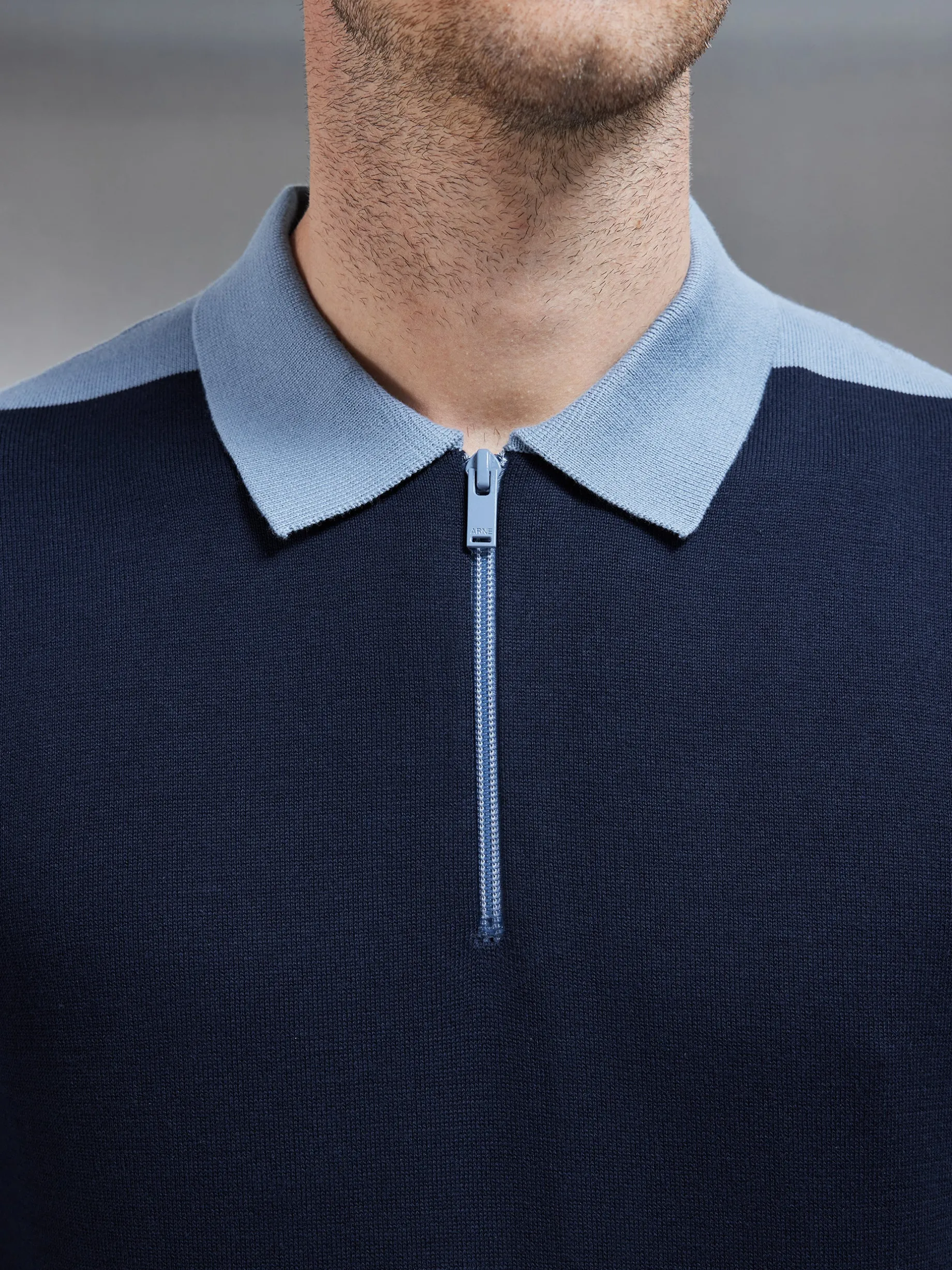 Colour Block Zip Polo Shirt - Navy
