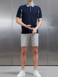 Colour Block Zip Polo Shirt - Navy