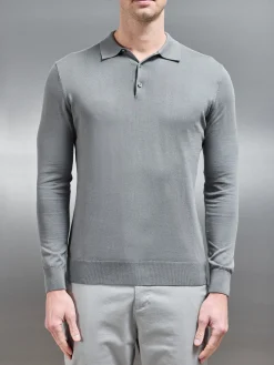 Cotton & Silk Long Sleeve Button Polo Shirt - Sage