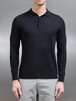 Cotton & Silk Long Sleeve Button Polo Shirt - Black