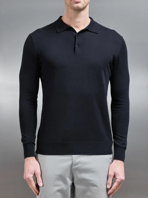 Cotton & Silk Long Sleeve Button Polo Shirt - Black