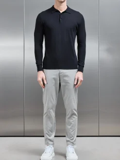 Cotton & Silk Long Sleeve Button Polo Shirt - Black