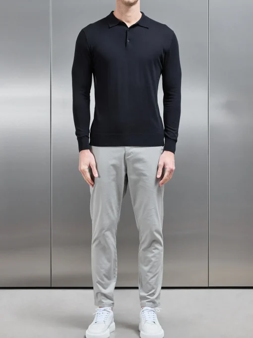 Cotton & Silk Long Sleeve Button Polo Shirt - Black