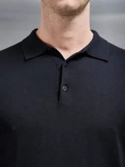 Cotton & Silk Long Sleeve Button Polo Shirt - Black