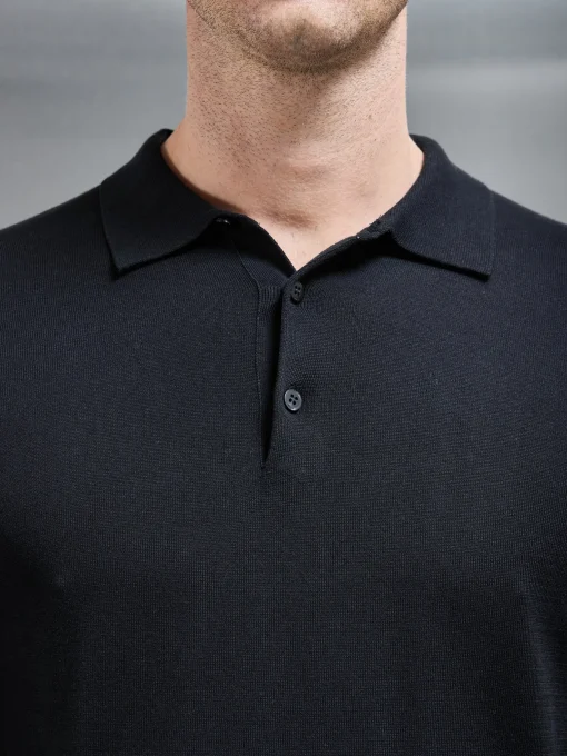 Cotton & Silk Long Sleeve Button Polo Shirt - Black