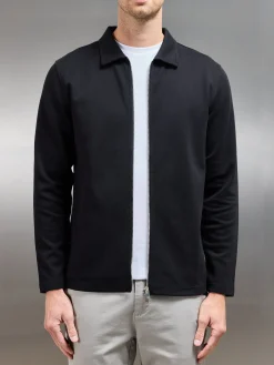 Cotton Jersey Zip Through Overshirt - Black