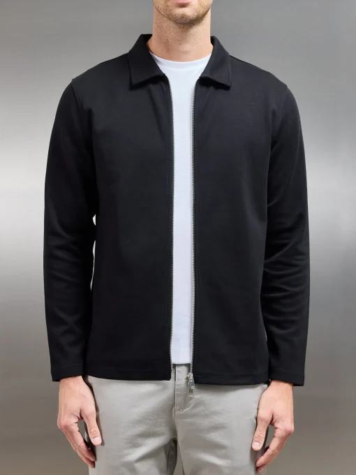 Cotton Jersey Zip Through Overshirt - Black