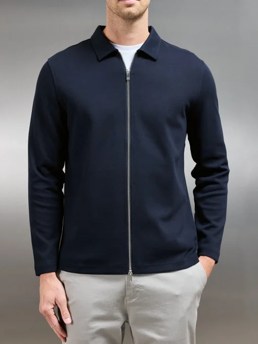 Cotton Jersey Zip Through Overshirt - Navy