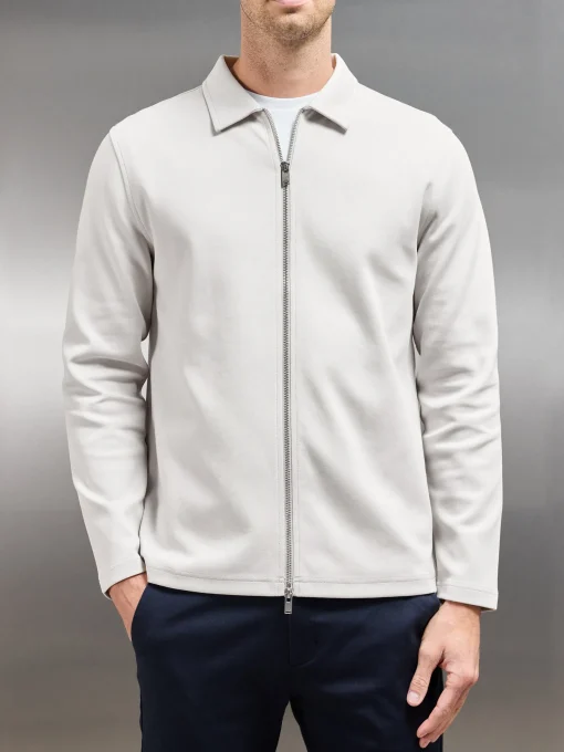 Cotton Jersey Zip Through Overshirt - Mid Grey
