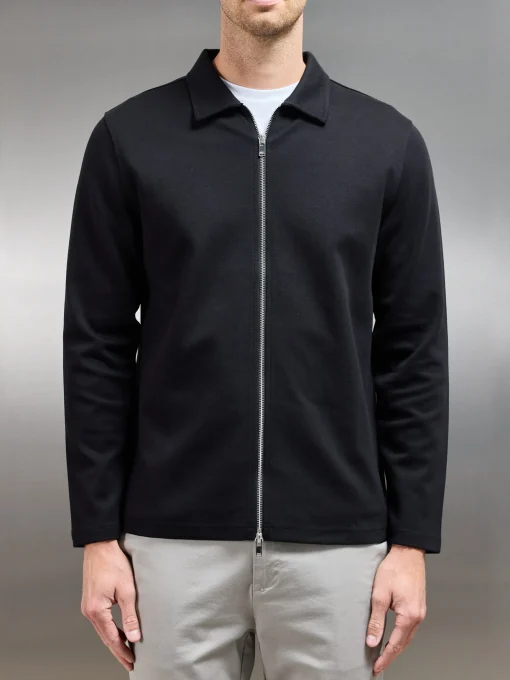 Cotton Jersey Zip Through Overshirt - Black