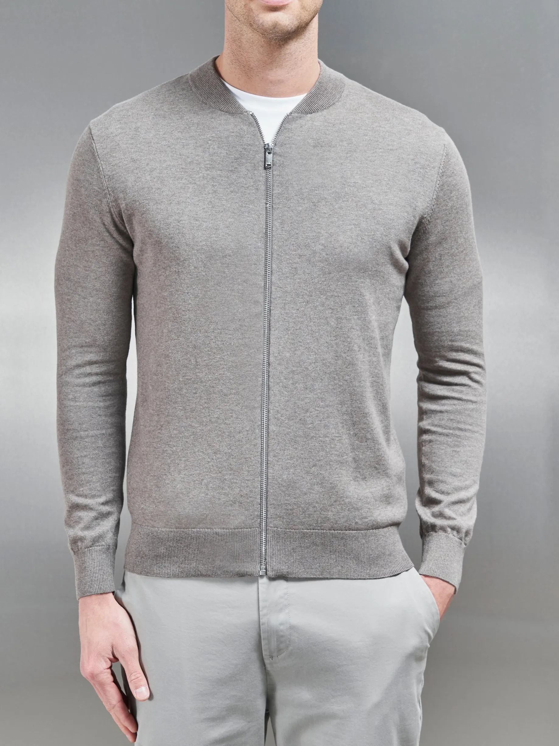 Cotton Knitted Bomber Jacket - Taupe Marl
