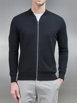 Cotton Knitted Bomber Jacket - Black