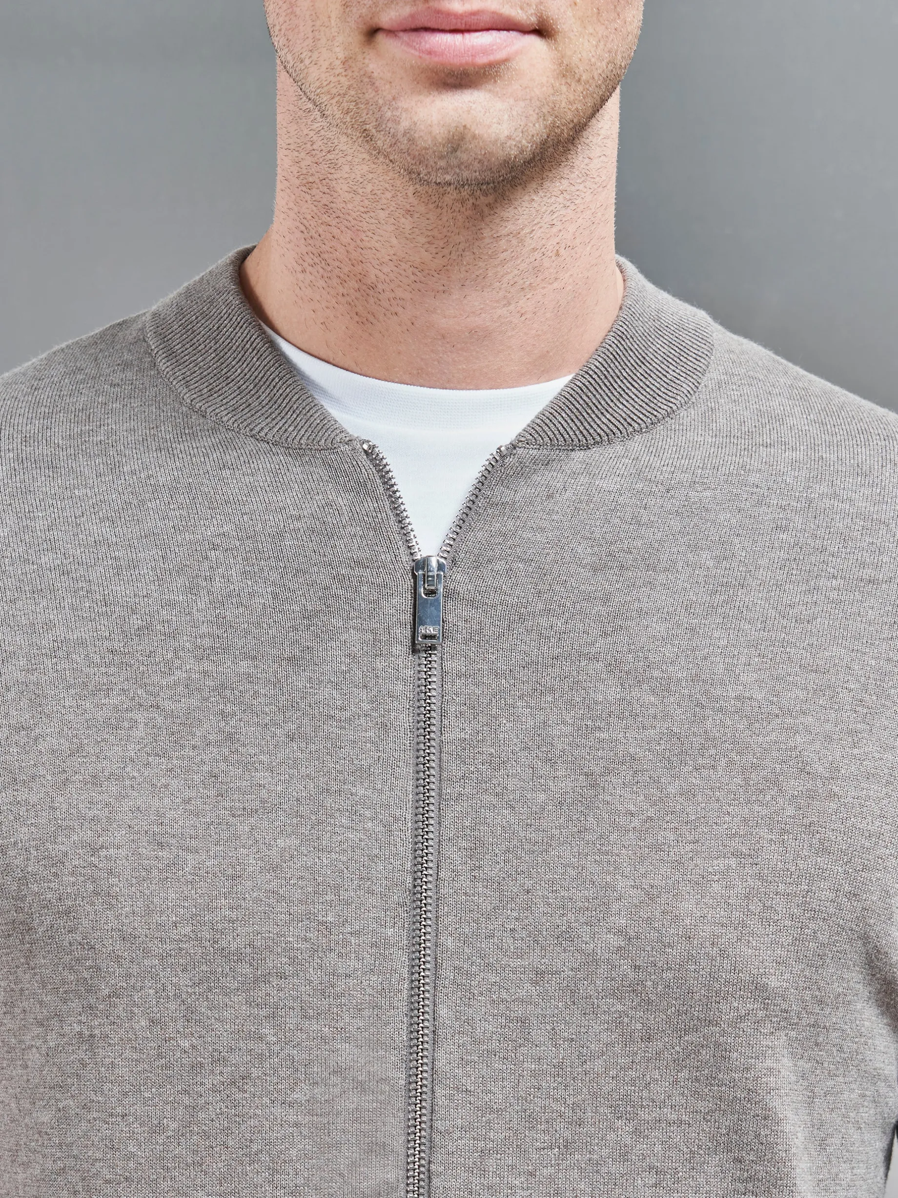 Cotton Knitted Bomber Jacket - Taupe Marl