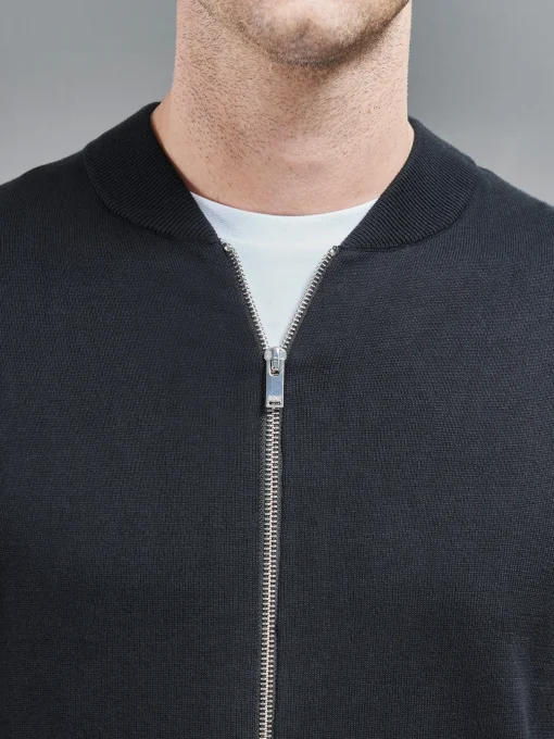 Cotton Knitted Bomber Jacket - Black