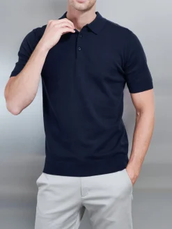 Cotton Knitted Button Polo Shirt - Navy
