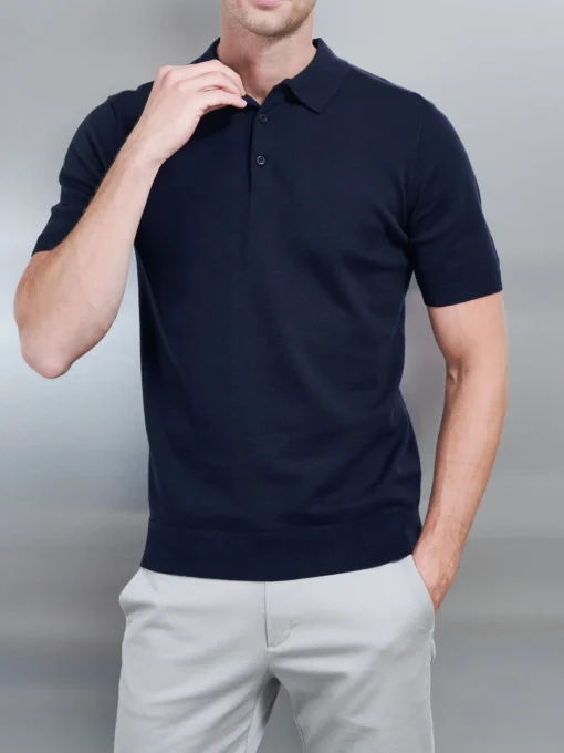 Cotton Knitted Button Polo Shirt - Navy