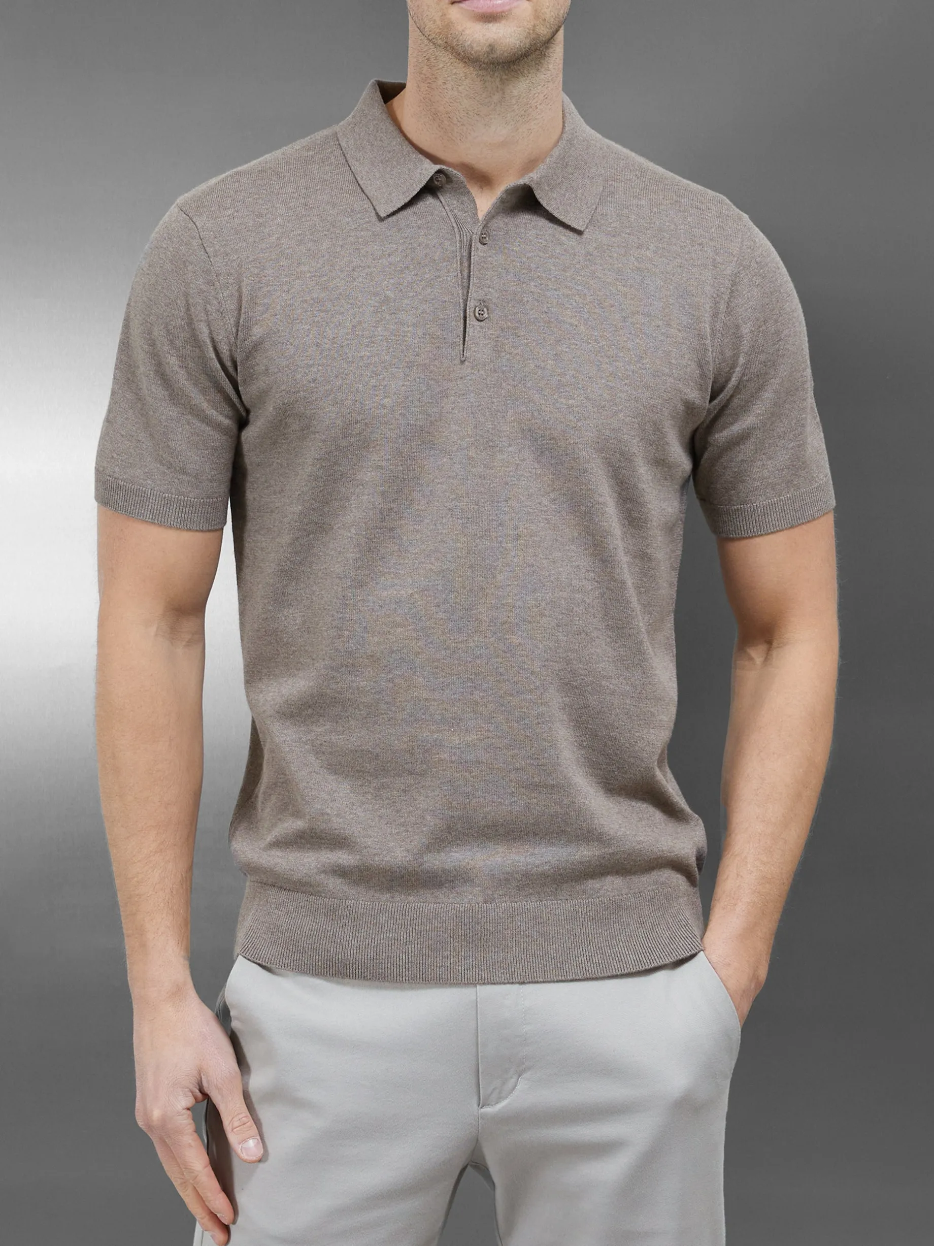 Cotton Knitted Button Polo Shirt - Taupe