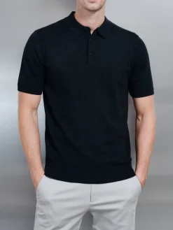 Cotton Knitted Button Polo Shirt - Black