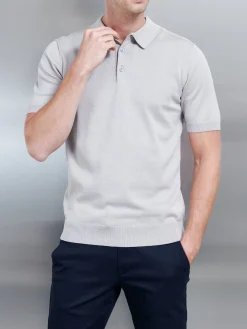 Cotton Knitted Button Polo Shirt - Stone