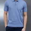Cotton Knitted Button Polo Shirt - Silk Blue