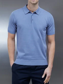 Cotton Knitted Button Polo Shirt - Silk Blue