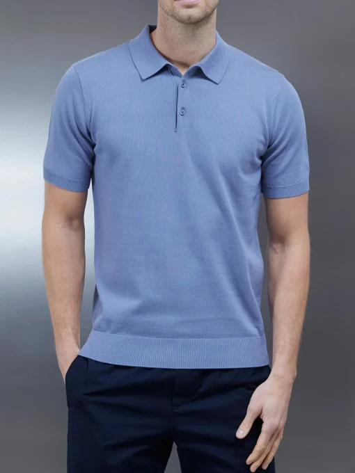 Cotton Knitted Button Polo Shirt - Silk Blue