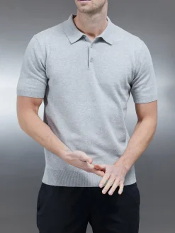 Cotton Knitted Button Polo Shirt - Marl Grey