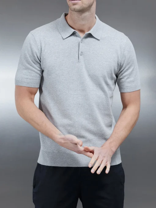 Cotton Knitted Button Polo Shirt - Marl Grey